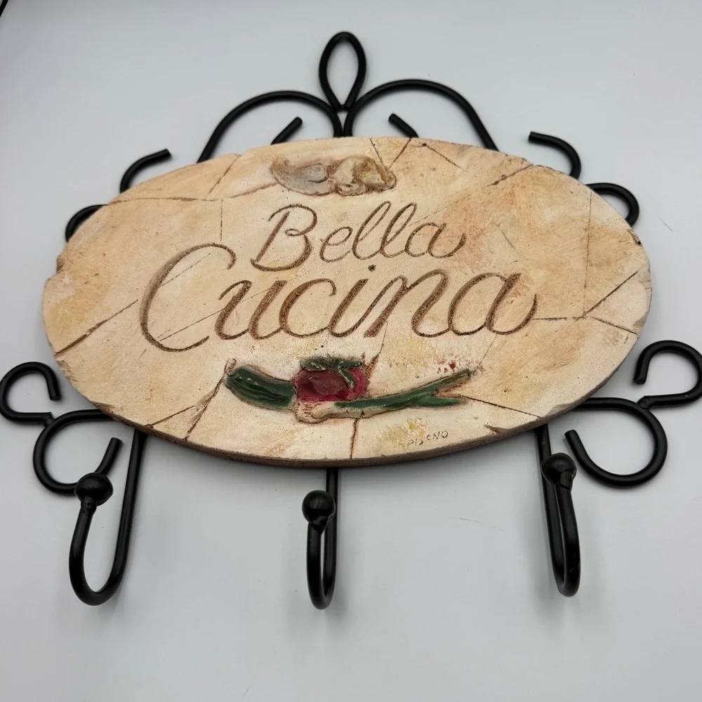 Pisano Bella Cucina Wall Hook Rack Wrought Iron Kitchen Towel Holder Sign